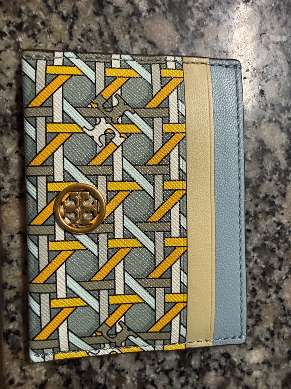 Tory Burch Blue, Yellow & Cream Patterned Card Holder with Gold Logo